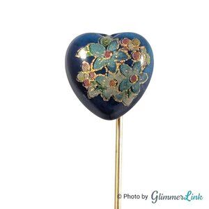Vintage Blue Puffy Ceramic Heart Floral Art Gold Tone Stick Pin